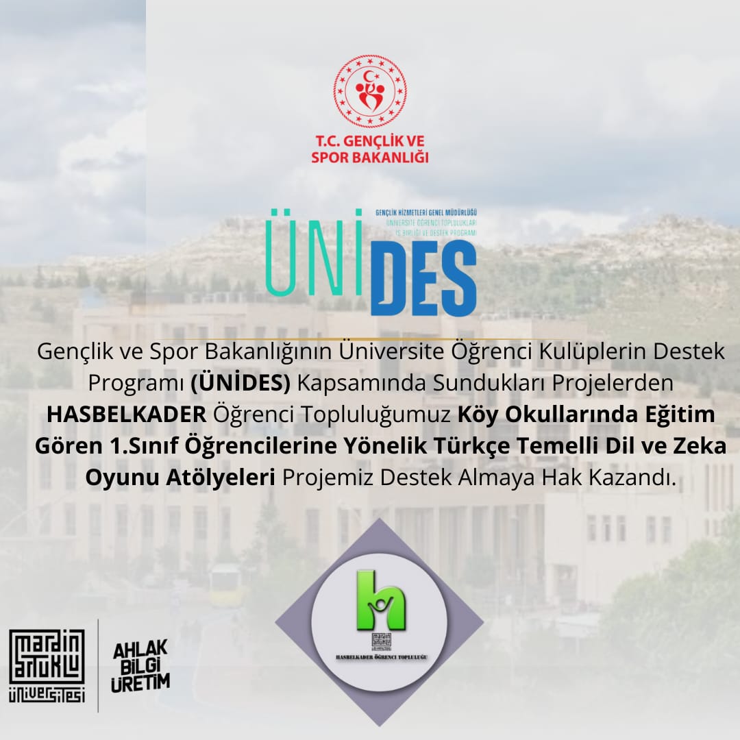Gençlik ve Spor Bakanlığının Üniversite Öğrenci Topluluklarına Destek Programı ÜNİDES Projemiz Destek Almaya Hak Kazanmıştır.
<a href="/mardinartuklu/">Mardin Artuklu Üniversitesi</a>  <a href="/mauislamilimler/">MAÜ İlahiyat Fakültesi</a> 
<a href="/ibrahimozcosar/">ibrahim özcoşar</a> <a href="/zahir_ertekin/">M.Zahir ERTEKİN</a>