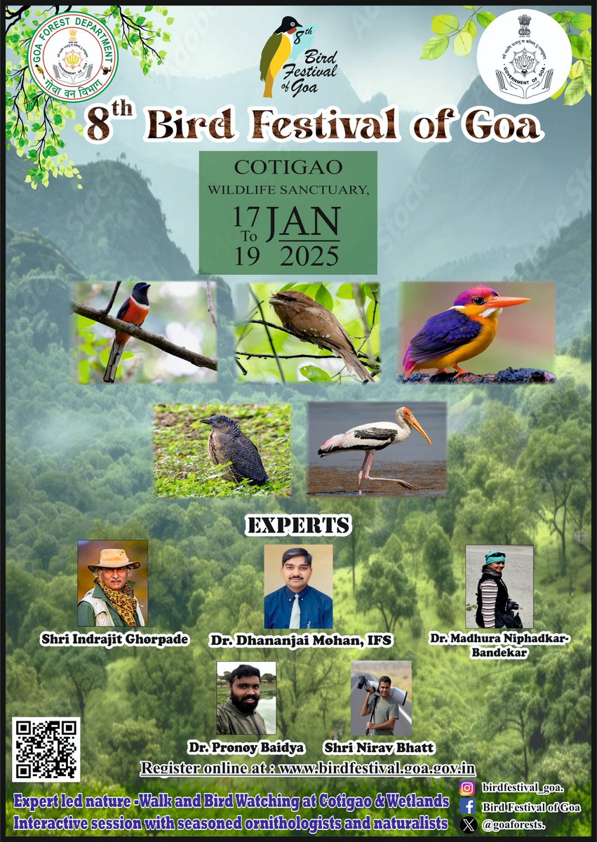 Goa Forest Department (@goaforests) on Twitter photo Join us for the 8th Bird Festival of Goa from 17-19, Jan 2025 and explore the rich avian diversity at Cotigao Wildlife Sanctuary and also get to interact with the keynote speakers, artists and birders!
Register online at birdfestival.goa.gov.in
<a href="/visrane/">Vishwajit Rane</a> @Harshdp88 <a href="/rishforwild/">Mangirish D</a> Join us for the 8th Bird Festival of Goa from 17-19, Jan 2025 and explore the rich avian diversity at Cotigao Wildlife Sanctuary and also get to interact with the keynote speakers, artists and birders!
Register online at birdfestival.goa.gov.in
<a href="/visrane/">Vishwajit Rane</a> @Harshdp88 <a href="/rishforwild/">Mangirish D</a>