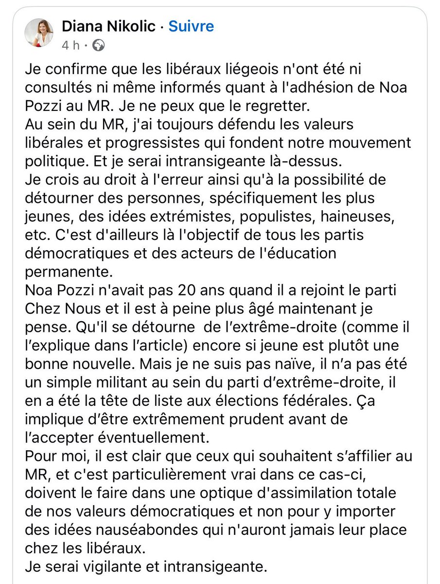 Réaction de la cheffe de file libérale <a href="/DianaNikolic/">Diana Nikolic</a> à l'adhésion au <a href="/MR_officiel/">MR</a> de l'ancienne tête de liste du parti d'extrême droite Chez Nous.  
Confirmation : ce ralliement a été imposé sans consultation ni information du MR Liégeois par le président du parti.