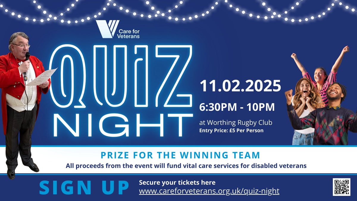 Join us for a fun-filled Quiz Night on Tuesday, 11th Feb at Worthing Rugby Club! 🧠✨  We're all about fun, prizes, and lots of laughs—all for a great cause supporting our disabled #veterans' care.  Don't miss out, sign up here 👉 qrco.de/quiz-02-25  #QuizNight #Worthing
