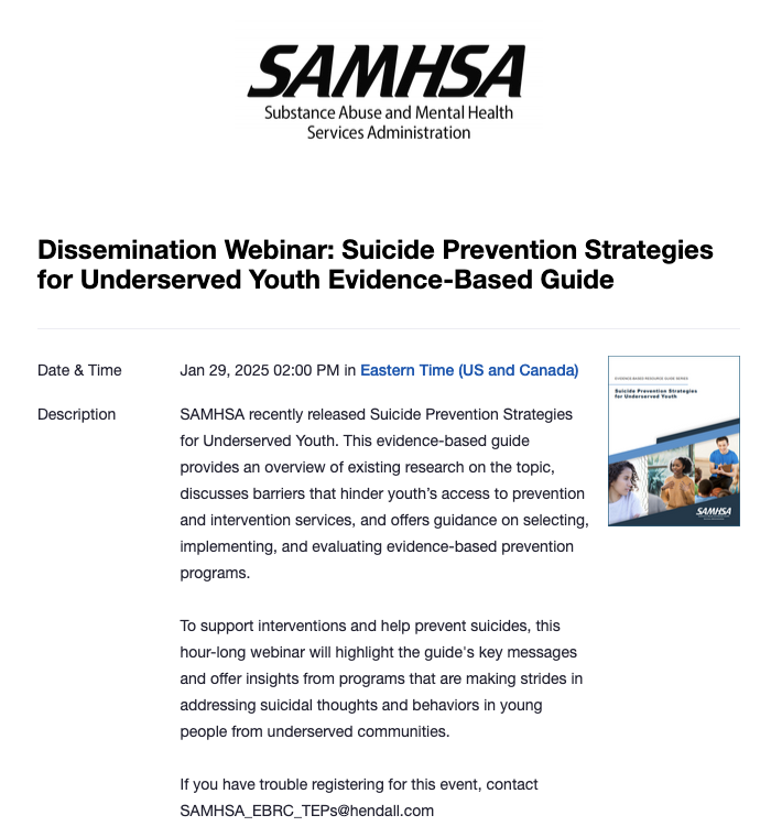 Join <a href="/samhsagov/">SAMHSA</a>'s free webinar on January 29, 2025, at 2 PM EST to learn more about the guide and gather insights from practitioners making strides in addressing suicidal thoughts and behaviors in young people. Reserve your spot now!

zoomgov.com/webinar/regist…