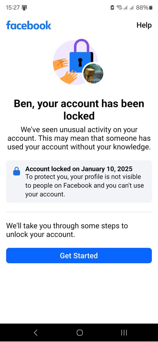 B_Squanto's tweet photo. Hey @facebook what gives... You locknmy account, I've jumped through the hoops of unlocking it, each way I get an unlocked get back into my account message... Then as soon as I log in "your account has been locked" AGAIN!  I've done the facial check, sent photo ID... What now? https://t.co/TwSghqUCWi
