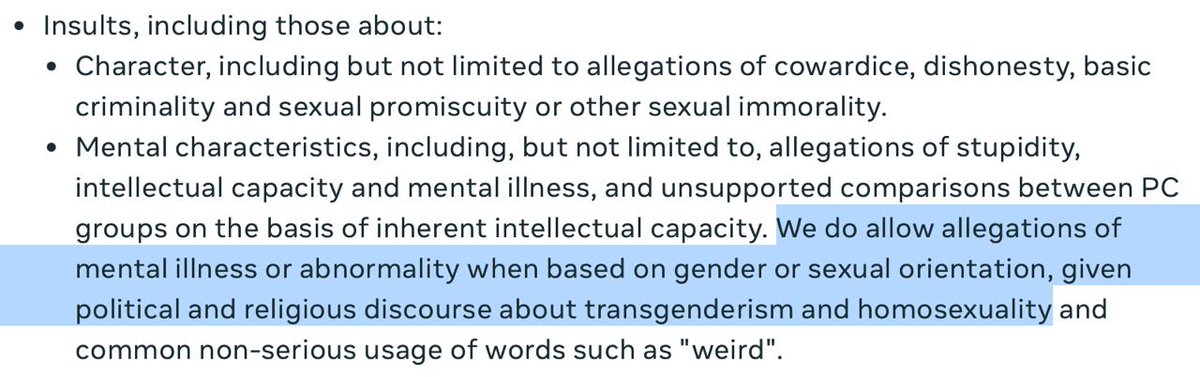 Being LGBT+ is not a mental illness. For Meta (Facebook) to explicitly allow mental illness to be used as an insult for LGBT+ people whilst at the same time banning using it as an insult against others is blatantly discriminatory.