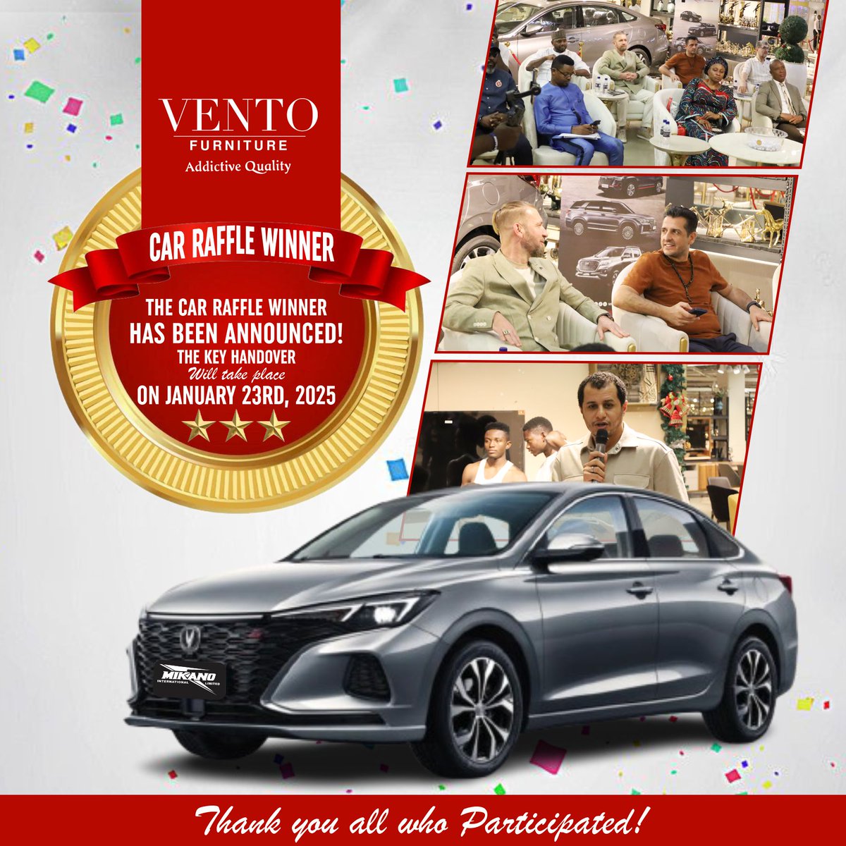 ventofurniture_'s tweet photo. Vento Furniture Car Raffle Winner Announcement
The car raffle winner has been announced! The key handover will take place on January 23rd, 2025. Thank you all who participated!
#VentoFurniture #CarRaffleWinner #LuckyWinner #CarRaffleWinner #KeyHandover #January23rd #IkoyiLagos @Mikano_Motors