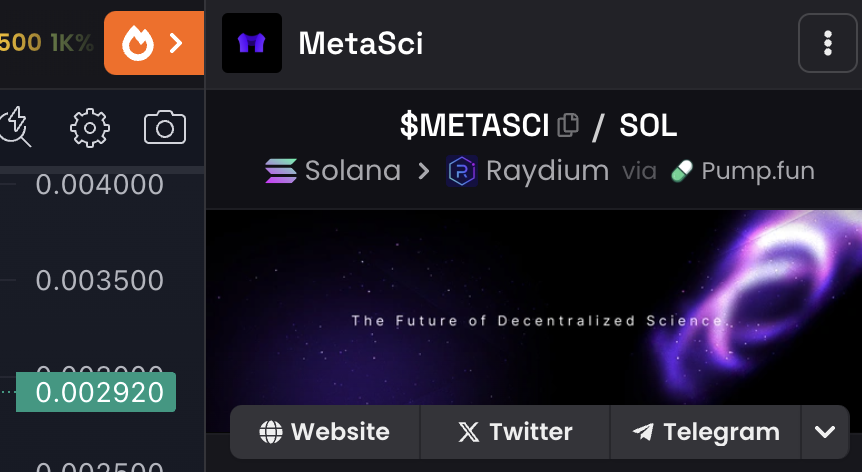 metasci_me's tweet photo. We've recovered and updated the Dexscreener @dexscreener!

History:
- $METASCI is a token launched by the community on Pumpfun. (yLAzQjGuqArJJGiHvMSPj18Tex4SLpdrHyNMFMbpump)

- After MetaSci officially accepted the donation, it became the token of the MetaSci platform.  

- The donation process is ongoing, and we encourage holders and snipers from the $METASCI Pumpfun sale to continue donating to the team’s wallet address (BeFQvtkseMkaobjwndYLgX48KYWwSUCX9thTGjaajUqF).

- $METASCI Will Have the Following Utilities on the MetaSci Platform:  

1. Stake and Vote on projects. 
2. Asset Launch & Bonding Curve Participation, #MetaSci GitDaos Launchpad. 
3. Incentivizing Community Growth.