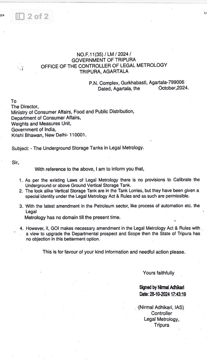 HemantSirohi1's tweet photo. “@uplm_lko Awaiting your reply on the classification of Underground Storage Tanks (UGTs) as measures under the Legal Metrology Act. As per the attached letter from the Controller, Legal Metrology, Tripura, such a reform is aligned with the Act, with no objections raised if necessary amendments are made. This will enhance departmental revenue and scope. A prompt response on this much-needed reform will be appreciated. @jagograhakjago”
@JoshiPralhad @PiyushGoyal @PMOIndia @CMOfficeUP @ChiefSecyUP