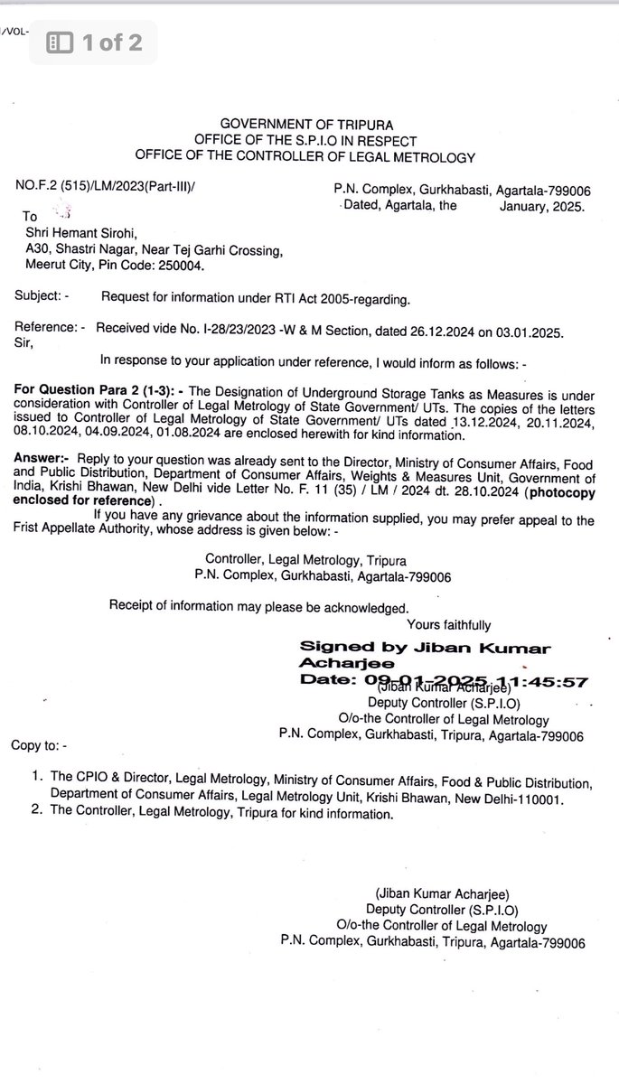 HemantSirohi1's tweet photo. “@uplm_lko Awaiting your reply on the classification of Underground Storage Tanks (UGTs) as measures under the Legal Metrology Act. As per the attached letter from the Controller, Legal Metrology, Tripura, such a reform is aligned with the Act, with no objections raised if necessary amendments are made. This will enhance departmental revenue and scope. A prompt response on this much-needed reform will be appreciated. @jagograhakjago”
@JoshiPralhad @PiyushGoyal @PMOIndia @CMOfficeUP @ChiefSecyUP