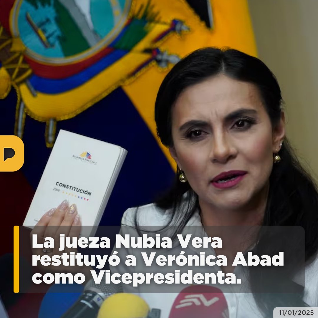 LaPosta_Ecu's tweet photo. ¡Abad está de vuelta! En una sentencia escrita, la jueza Nubia Vera dispuso el reintegro de la Vicepresidenta, Verónica Absd, con todas las prerrogativas que le otorga la Constitución. Además, ordenó notificar a la Presidencia, al Jefe del Comando Conjunto, a la Asamblea, a la Contraloría y al Jefe de Seguridad de la Casa Presidencial para garantizar el cumplimiento de la medida.