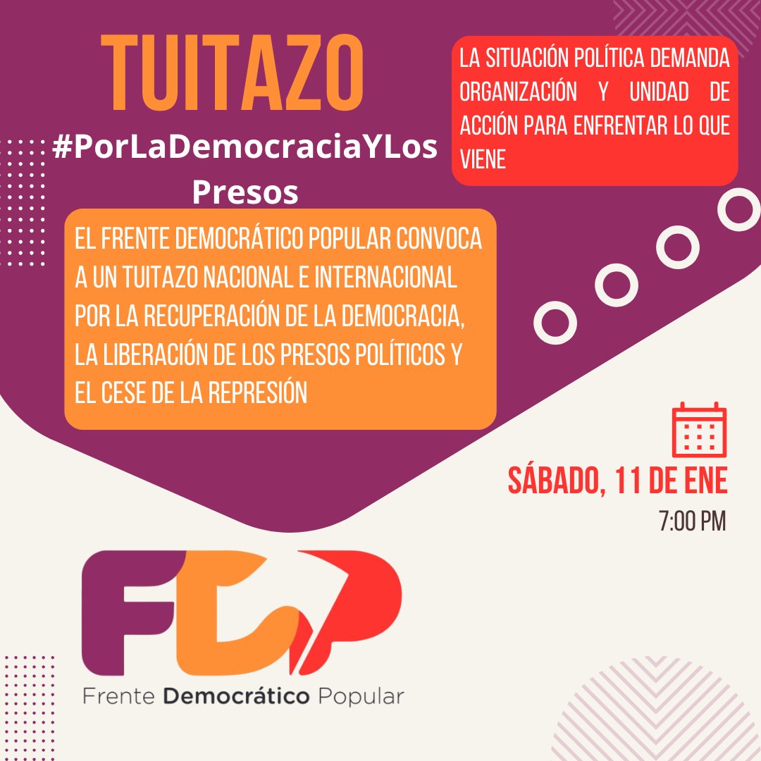 ElFrente_ve's tweet photo. Convocamos a un tuitazo nacional e internacional por la recuperación de la democracia y la liberación de los presos políticos. La situación nos exige más organización y unidad de acción.
Hoy 11 de enero
7:00 PM
 #PorLaDemocraciaYLosPresos https://t.co/hvgARWdknp