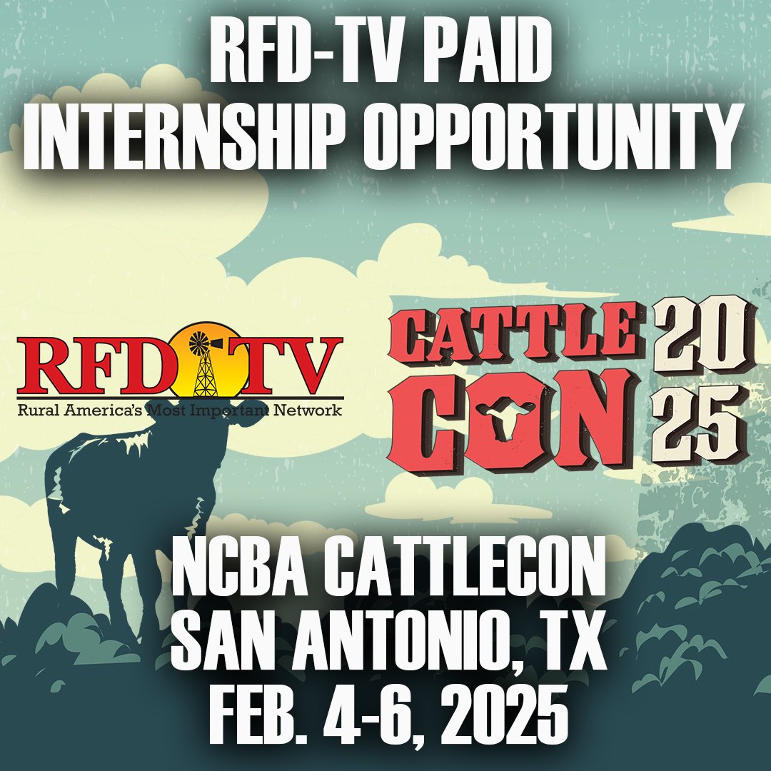 OfficialRFDTV's tweet photo. WE NEED YOUR HELP! 

Be a part of the Rural Media Group Team at the National Cattlemen’s Beef Association CattleCon 2025 in San Antonio, Texas from Feb. 4-6, 2025. 

Check our website to submit your resume!

#cattlecon #ncba #internship #convention https://t.co/6VVxHHofig