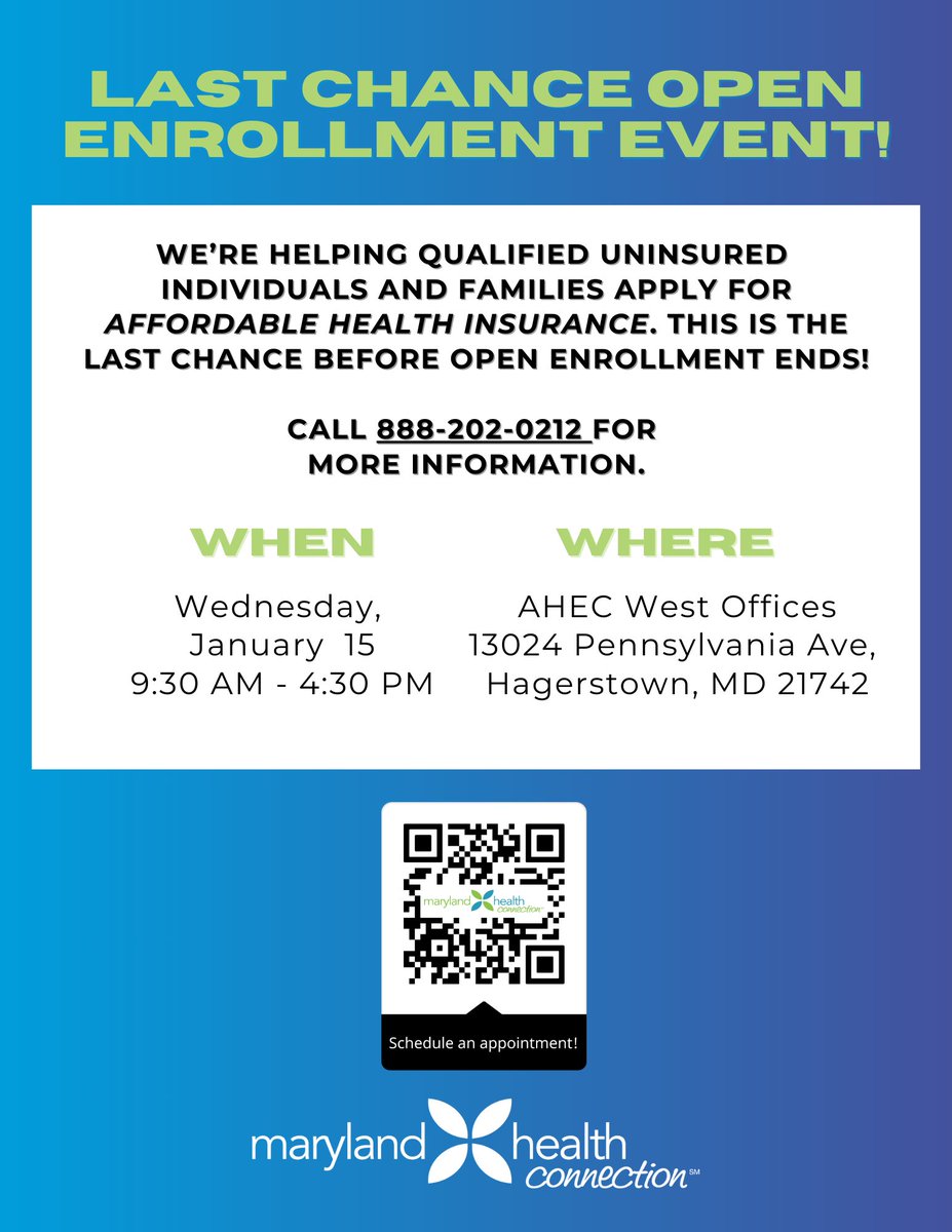 Marylanders - our last chance Open Enrollment event is coming up! Don't let this pass you by. You can enroll any time between now and January 15th if you call 888-202-0212 and set up an appointment.