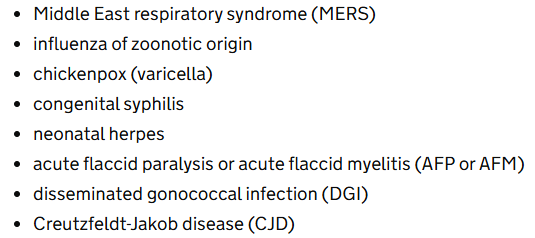 Eight additional infectious diseases will be added to the list of notifiable diseases in England once new legislation comes into force on 6 April 2025. Most with the exception of chickenpox will be rare. For more details, see link. gov.uk/government/con…