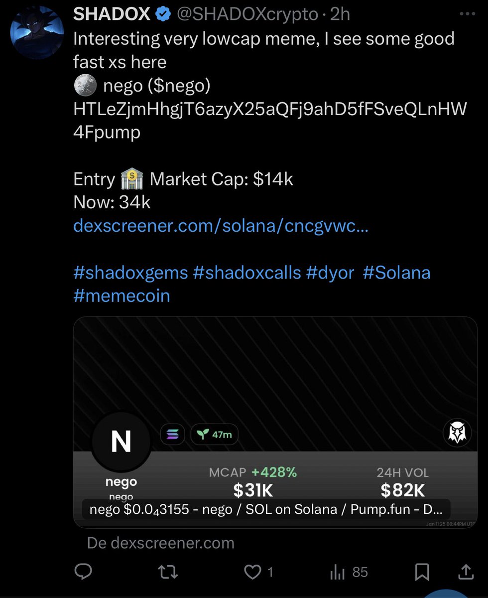 SHADOXcrypto's tweet photo. A 10x from my call 🏌️‍♂️🏌️‍♂️🎯💎at 14k MC of #NEGO, did you miss it? As long as you keep following me without notifications turned on, you'll keep losing money.
From my call an x5 and from my entry a x10
#nego #Solana #memecoin #TrendingNow #shadoxcalls #shadoxgems https://t.co/BMokS9K5yu