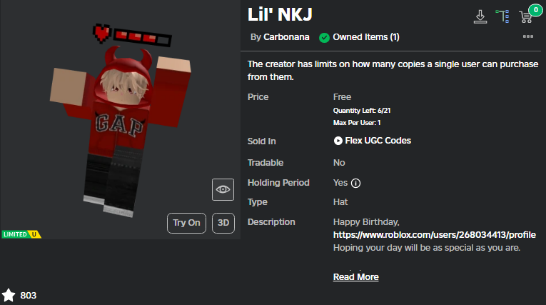 LIMITED UGC [LIL' NKJ] ❤️ GIVE AWAY [2 WINNERS] ITEM LINK : roblox.com/catalog/100480…

RULES :  

1. FOLLOW <a href="/NickyTH5/">𝐍𝐊𝐉 🌸</a> &amp; <a href="/nnrxzzii/">nanarazzii</a>
2. LIKE &amp; RETWEET 
3. COMMENT YOUR USERNAME [ROBLOX] 
 
ENDS IN 12 HOURS ⏰

GOOD LUCK ❤️

#Roblox #RobloxUGC #RobloxUGCLimited #RobloxUGCLimitedFree