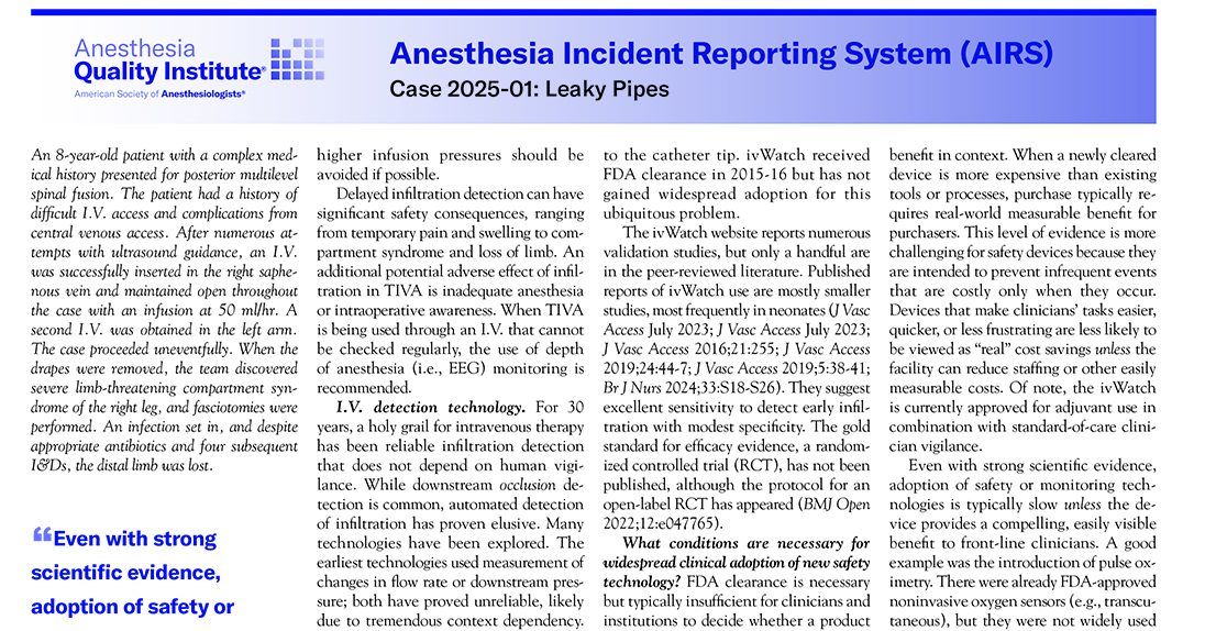 ASAMonitor's tweet photo. #Intraoperative I.V. infiltration remains a significant safety issue. Read this month’s AIRS Case Report, which examines:
🔹Delayed detection of I.V. infiltration or extravasation
🔹I.V. detection technology
🔹Clinical adoption of new safety technology
https://t.co/absei8zXOo https://t.co/lD9tOj46pT