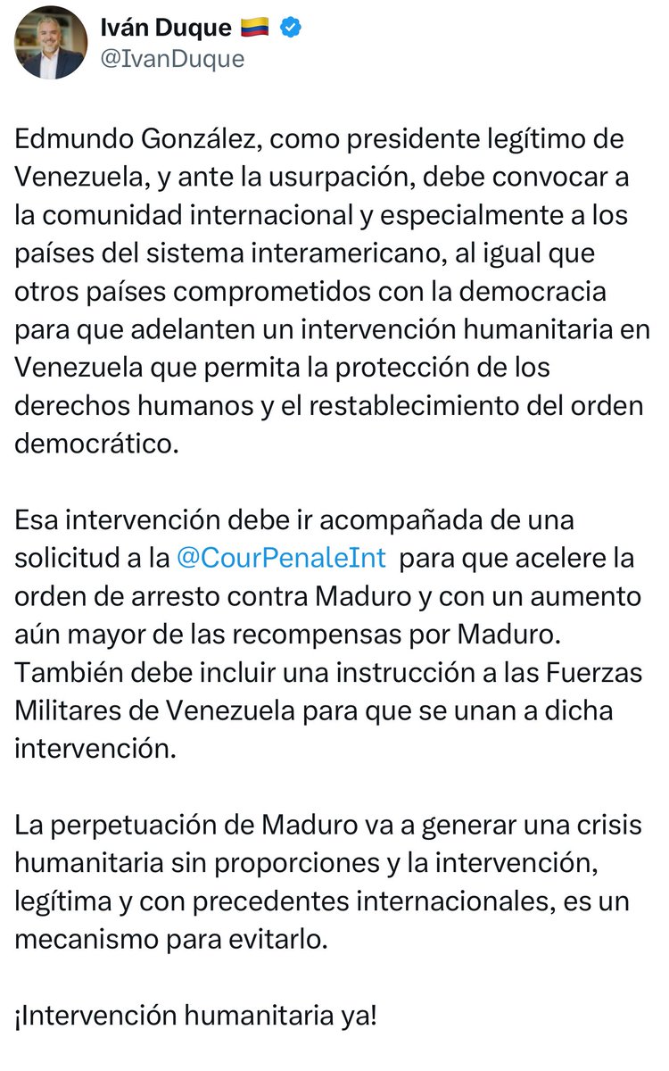 🚨 | Expresidente Iván Duque le propone al presidente Edmundo González la coordinación de una “intervención humanitaria” en Venezuela.