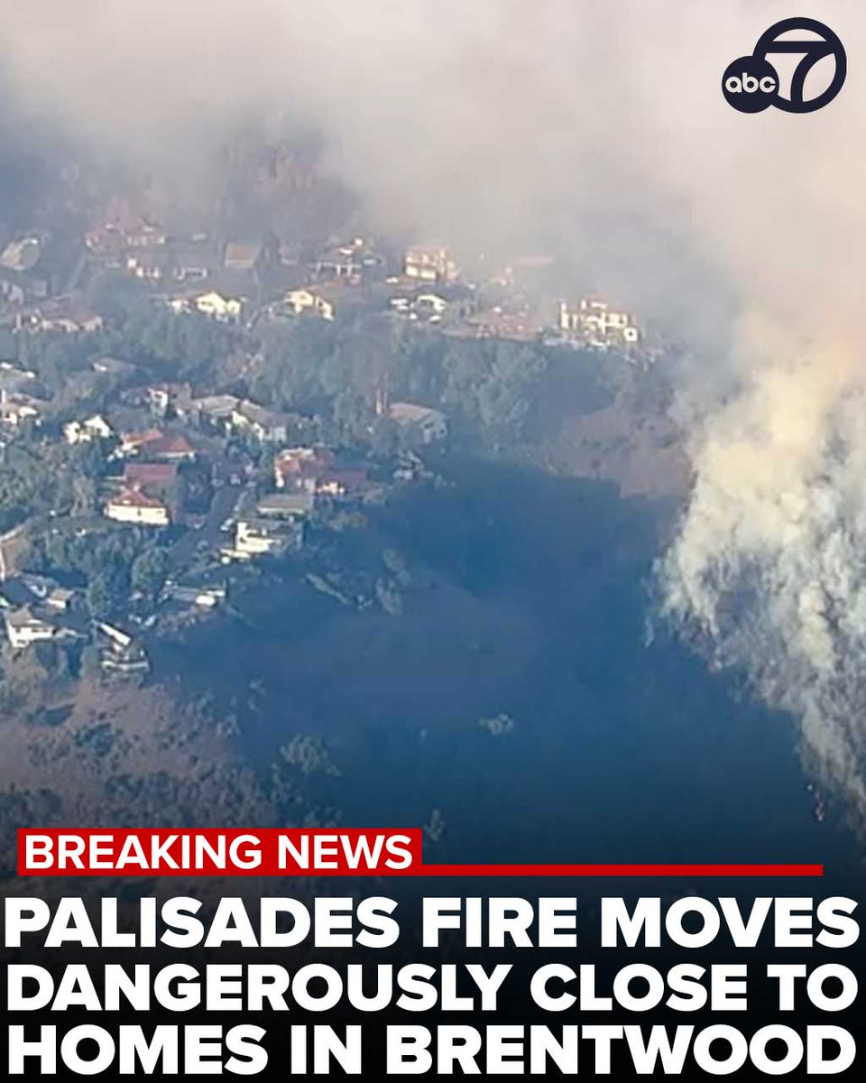 #BREAKINGNEWS: The Palisades Fire on Saturday morning continued to move in a northeast direction, approaching dangerously close to homes in a Brentwood neighborhood.

AIR7 video showed flames climbing up a hillside, making their way toward rows of houses as firefighters continued