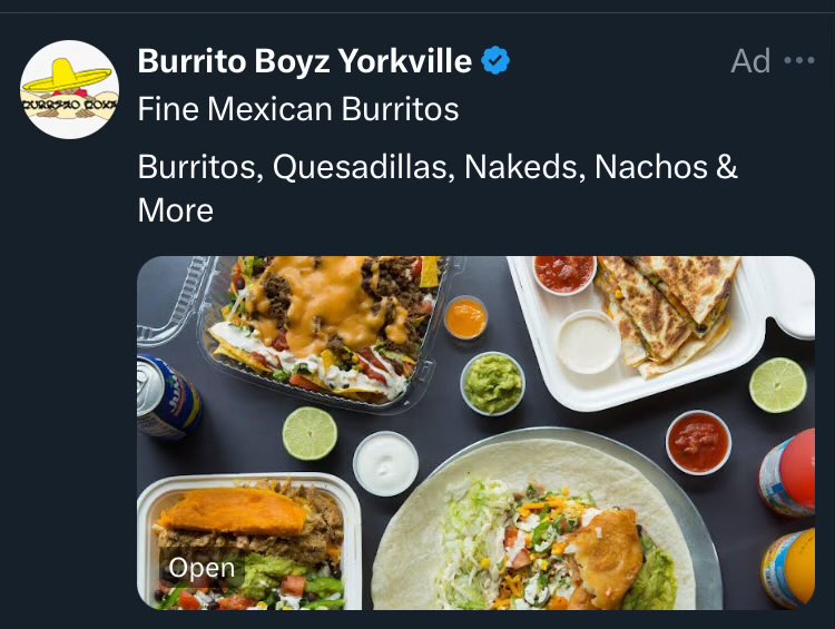 rockONtalk's tweet photo. @burrito_boyz I have seen this ad 20+ times today, hope they’re not charging you per impression (that said, am stoked about this new location) https://t.co/4pDcKXz2bc