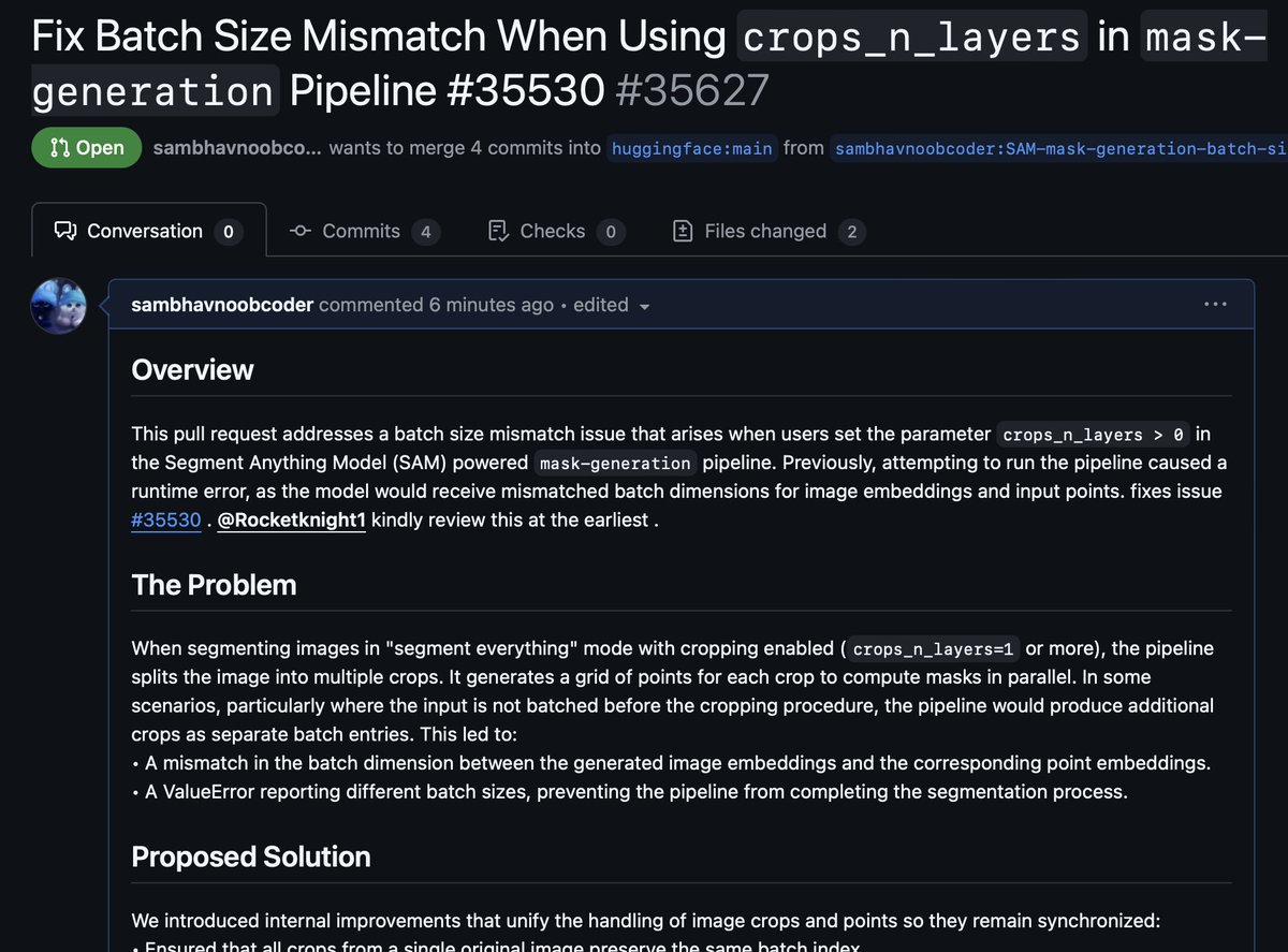 sambhavdixitpro's tweet image. Fixed the batch size mismatch for #SegmentAnything pipeline with crops_n_layers in @huggingface  #Transformers! Now, generating multi-crop masks is smooth and error-free. Huge thanks to #OpenSource supporters. Learn more in my latest PR. #AI #ComputerVision #SAM @Meta @AIatMeta