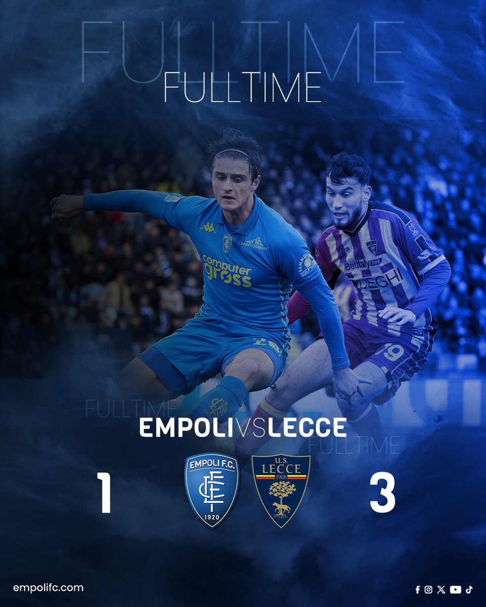 EmpoliFC's tweet photo. 𝐅𝐔𝐋𝐋 𝐓𝐈𝐌𝐄 1-3 #EmpoliLecce 
Vince il Lecce 3-1: nel primo tempo prima Morente poi Krstovic, la riapre Cacace, la chiude nel finale ancora Krstovic https://t.co/c6pmpI0VdI