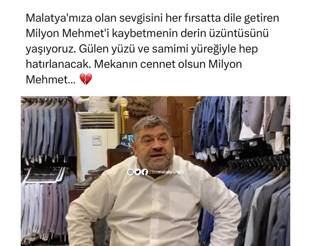 #birmilyoncumehmet ölmüş Mersin'in gözde adamı.Malatya'dan da bahsederdi hep iyi uykular🙏