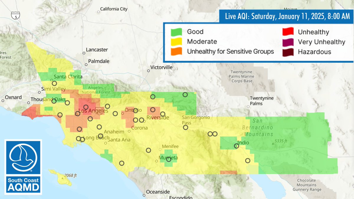 AQI Map: Saturday, January 11, 2025,  AM
(Air Quality may change quickly based on conditions)

View our Real Time AQI Map:
-Online: aqmd.gov/aqimap
-South Coast AQMD Mobile App: aqmd.gov/mobileapp

South Coast AQMD Advisories: aqmd.gov/advisory
Wildfire