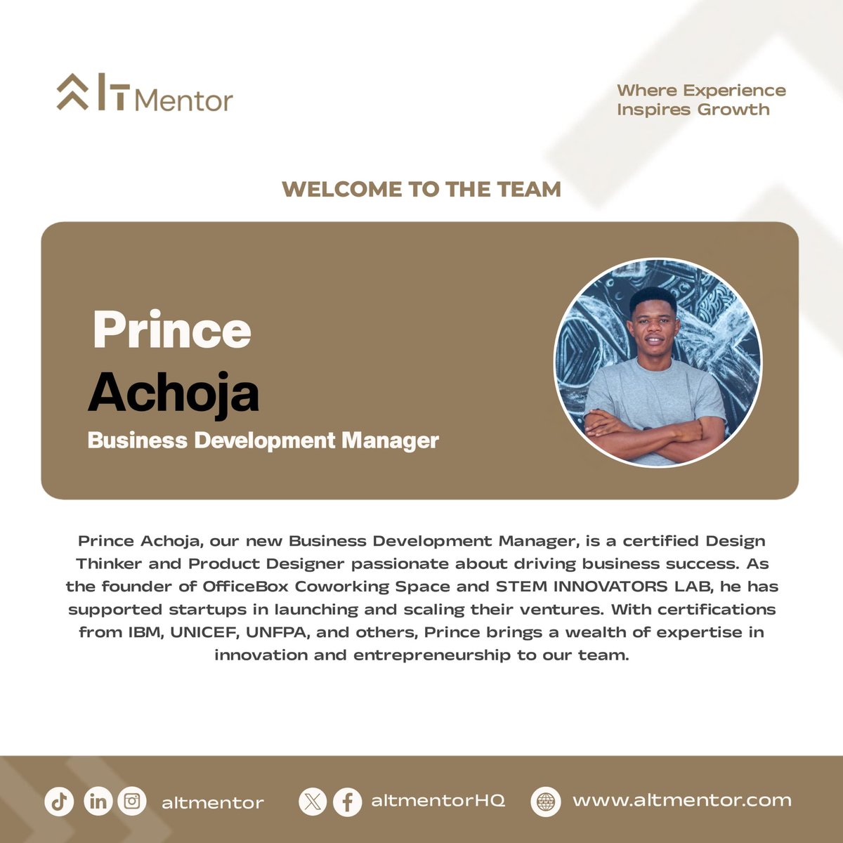 altmentorHQ's tweet photo. Excited to welcome Prince Achoja as our new Business Development Manager! 

A certified Design Thinker and founder of OfficeBox &amp; STEMINNOVATORS LAB, Prince is here to drive innovation and mentor the next generation of entrepreneurs.

#AltMentor #Leadership #Innovation https://t.co/pMtOW8oXd9