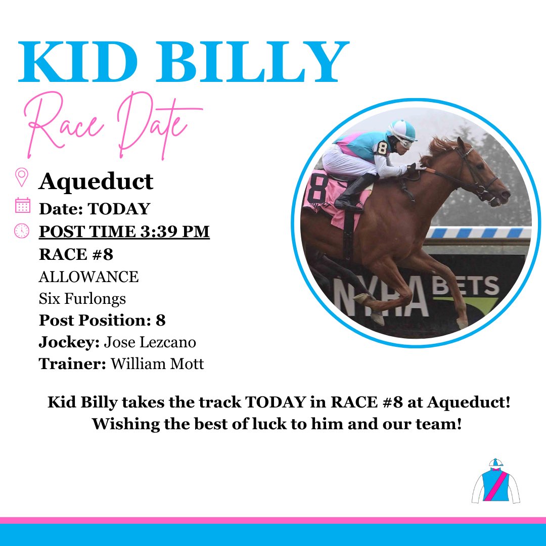 It’s race day for Kid Billy! Get ready to cheer him on in RACE #8 this afternoon at Aqueduct! 🌟🏁

#kidbilly #thoroughbred #horseracing #raceday #aqueduct #thoroughbredracing #racehorse #racehorseownership #equine #horselove #horsetraining #racing #goodluck
