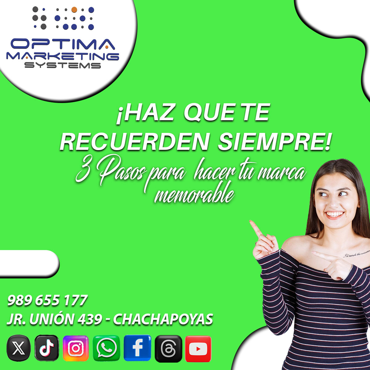 OptimaSystemsPe's tweet photo. "¿Quieres que tu marca sea inolvidable? 💡
Hacer tu marca memorable en redes sociales no es cuestión de suerte, ¡es cuestión de estrategia! 🚀
📍 Estamos en Jr. Unión 439, Chachapoyas
📞 +51 989 655 177
#MarcaMemorable #ImpactoDigital #MarketingConResultados #Chachapoyas https://t.co/EbJA1NSQNV