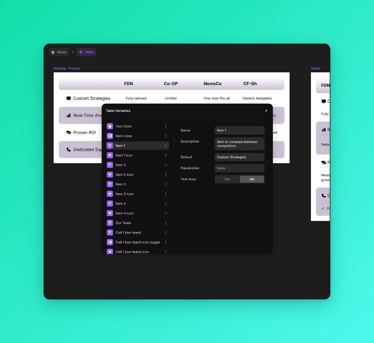 o_lonks's tweet image. I'm currently working on a competitor comparison table component for a Framer template. I've chosen to organize the variables by columns instead of rows, as it seemed more logical.

I'll share more updates soon.
Happy weekend!

#Framer #component