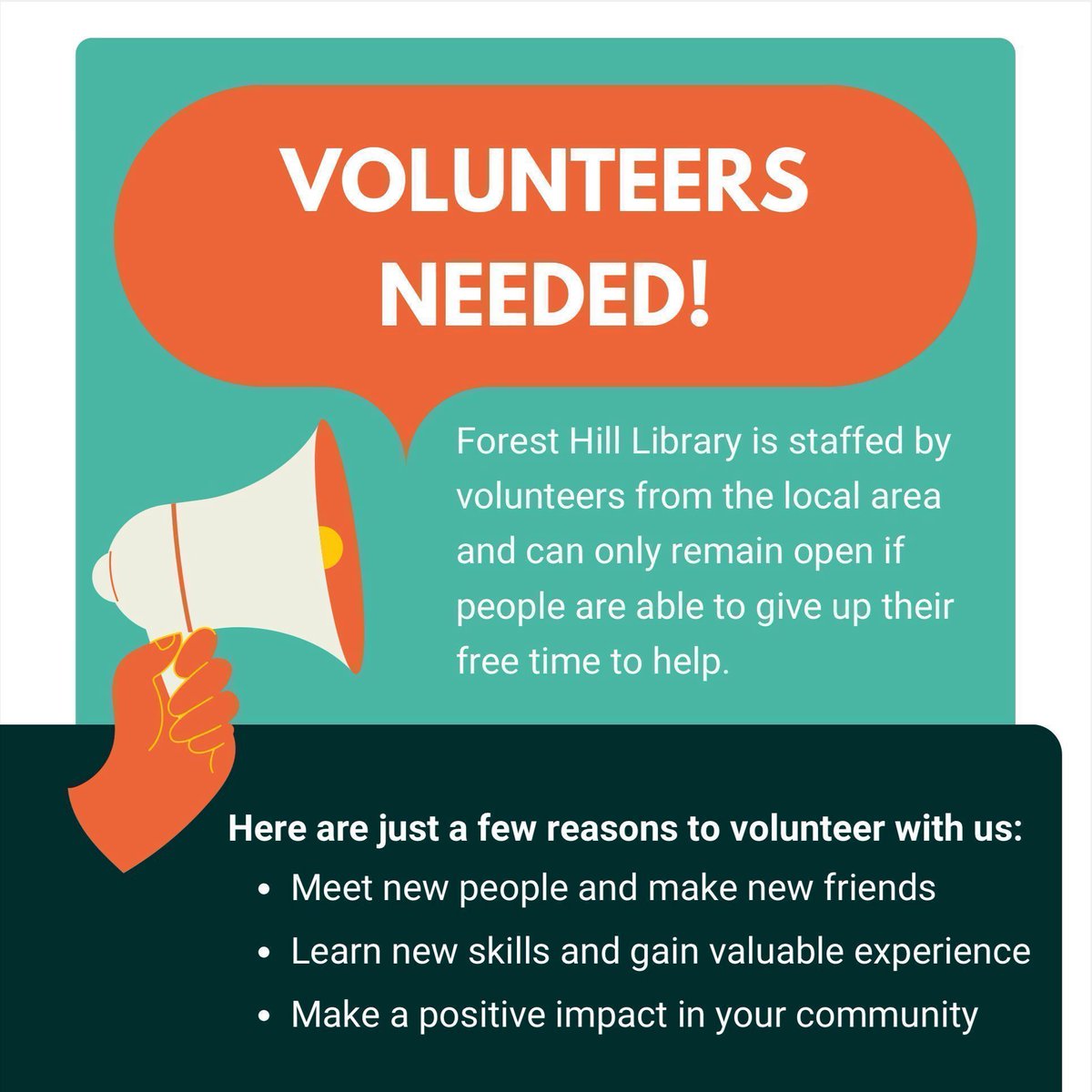 Forest Hill Library is run by a small charity and relies on local volunteers to keep the Library open!

If you can spare a few hours a week then come join us and help keep a vital &amp; much, much loved community service running!
buff.ly/3wQI6Gy

<a href="/LewishamLibs/">Lewisham Libraries</a> #SE23