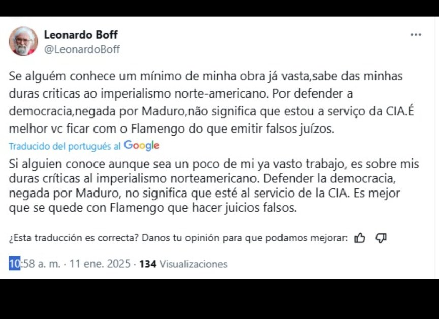 LuzMelyReyes's tweet photo. .@LeonardoBoff , uno de los fundadores de la Teología de la liberación: 
"Me cuesta imaginar lo que pasa por la cabeza de Maduro sabiendo que perdió las elecciones y se robó el poder cuyo portador es el pueblo. ¿Cómo puede vivir con la mentira y todavía dormir "de pie"? Está más cerca de Judas que de Cristo. Pero no te detendrás". 
CC @petrogustavo