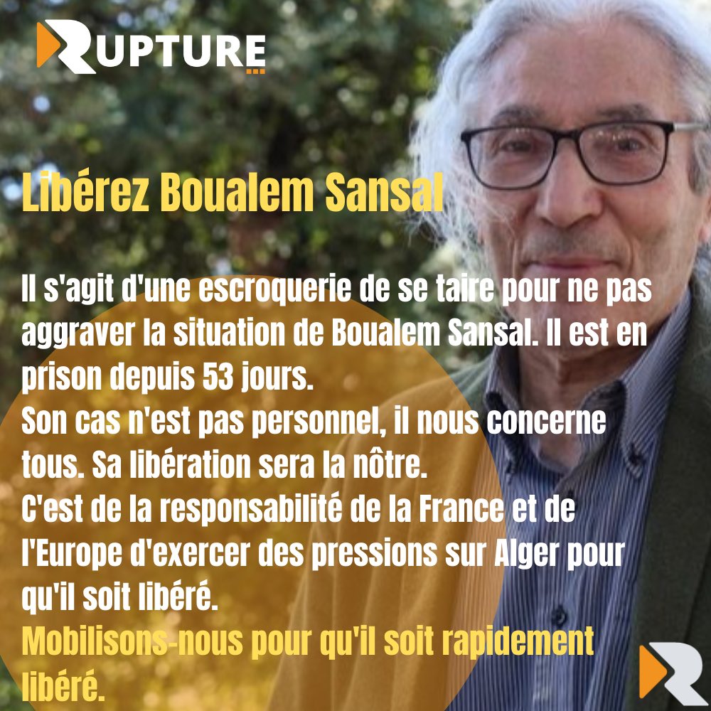 MalojmK's tweet photo. Il s'agit d'une escroquerie de se taire pour ne pas aggraver la situation de #BoualemSensal . Il est en prison depuis 53 jours. 
C'est de la responsabilité de la France  🇫🇷 et de l'Europe 🇪🇺d'exercer des pressions sur Alger pour qu'il soit libéré.
@EmmanuelMacron @vonderleyen 
#LiberezBoualemSansal
