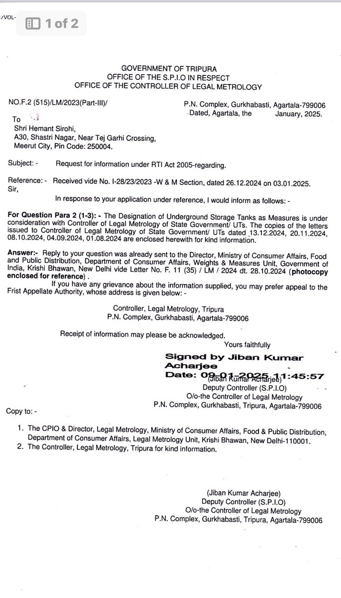 HemantSirohi1's tweet photo. “@Consumers_Int @thelmindia 
Awaiting your reply on the classification of Underground Storage Tanks (UGTs) as measures under the Legal Metrology Act. As per the attached letter from the Controller, Legal Metrology, Tripura, such a reform is aligned with the Act, with no objections raised if necessary amendments are made. This will enhance departmental revenue and scope. A prompt response on this much-needed reform will be appreciated. @jagograhakjago”
@JoshiPralhad @PiyushGoyal @PMOIndia @CMOfficeUP @ChiefSecyUP