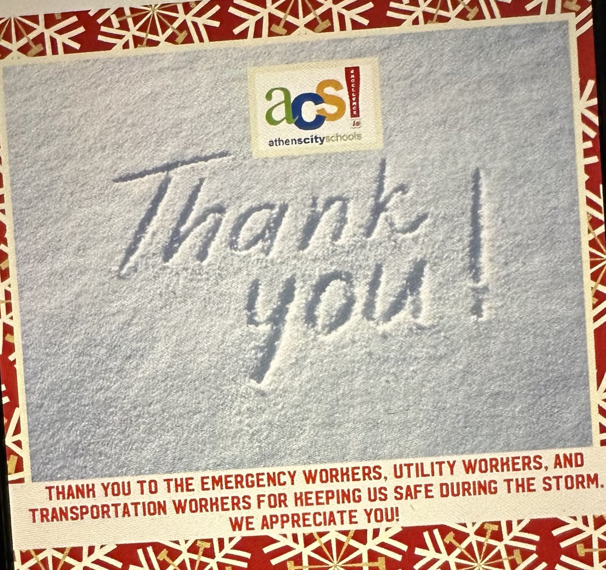 AthensCitySch's tweet photo. Thank you to all the emergency workers, utility workers, and transportation workers that are working during the winter storm this weekend. We appreciate you! #ExcellenceIs https://t.co/EFruGtpCEV