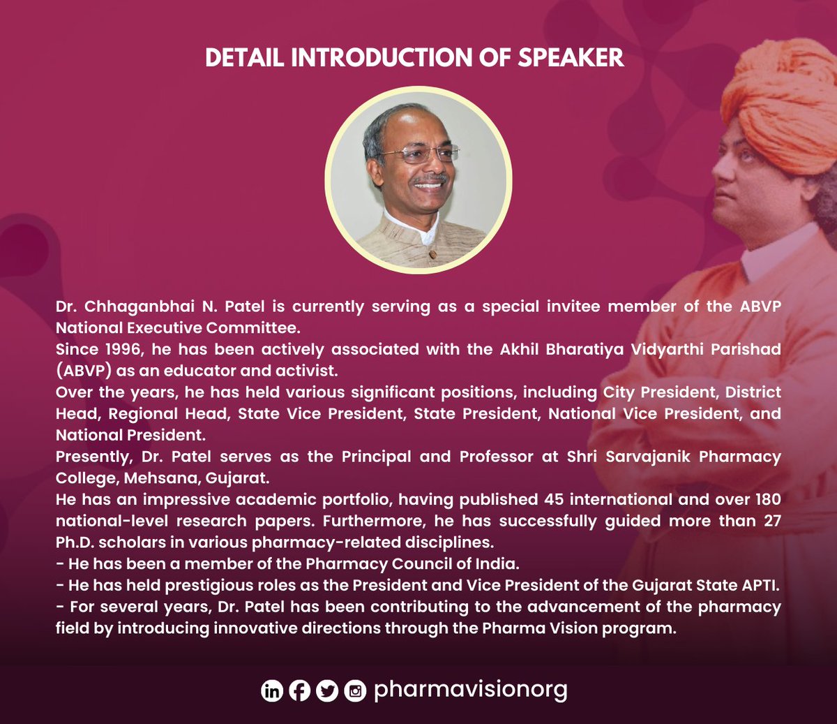 PharmaVisionOrg's tweet image. Pharma Vision is excited to invite you to a special webinar on the occasion of Swami Vivekananda Jayanti (Youth Day)
Topic: Rise and Lead Swami Vivekananda’s Philosophy and Its Relevance to Young Pharma Leaders

Date: 12 January 2025
Time: 11 AM onwards meet.google.com/rkx-ivfo-nwu