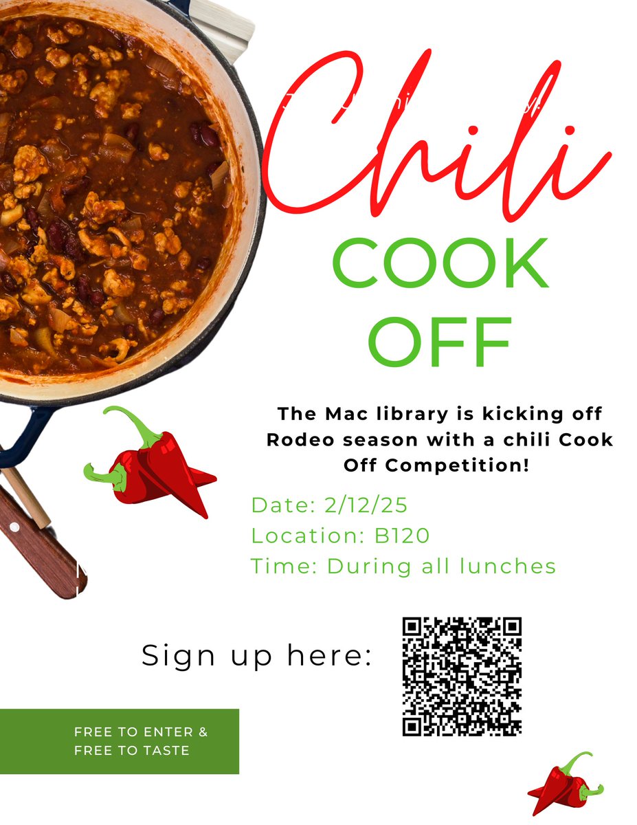 MAC Library (@macarthurlib) on Twitter photo We’re kicking off rodeo season with a chili competition! This is open to all of the MacArthur community: parents, teachers, faculty and staff. Sign up at the link in bio! 🌶️🌶️🌶️ <a href="/RealBrahmaPride/">MacArthur HS</a> We’re kicking off rodeo season with a chili competition! This is open to all of the MacArthur community: parents, teachers, faculty and staff. Sign up at the link in bio! 🌶️🌶️🌶️ <a href="/RealBrahmaPride/">MacArthur HS</a>