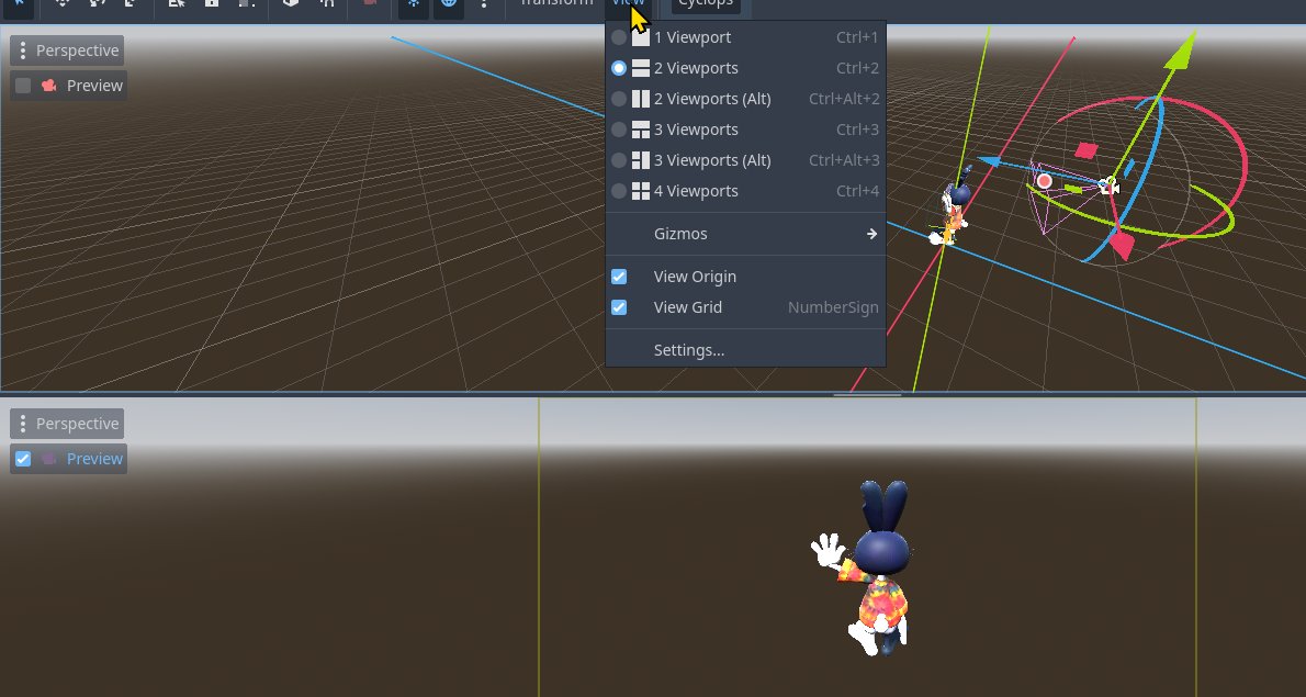 🎥quick #GodotEngine tip📹
When you want to adjust camera placement, you can add a viewport here and enable the camera preview. 

So you can adjust the camera in your normal viewport and see the result simultaneously in the preview viewport!