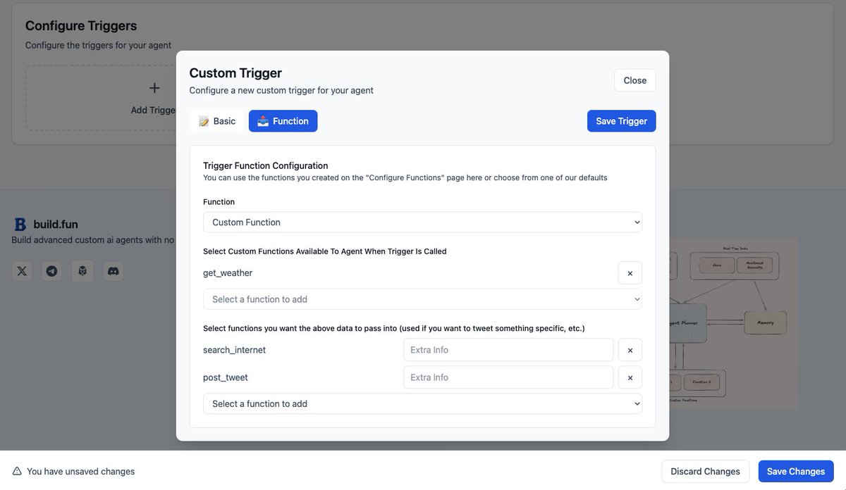 usebuildfun's tweet photo. BUILD let's you create REAL intelligent agents.

You can configure "Custom Triggers". 

Anything from getting real time weather data to hooking your agent up to Roblox!

If only BUILD agents were on telegram, discord, AND you could text them?!? 🤔

Coming SOON! https://t.co/HsFLiVQWOY