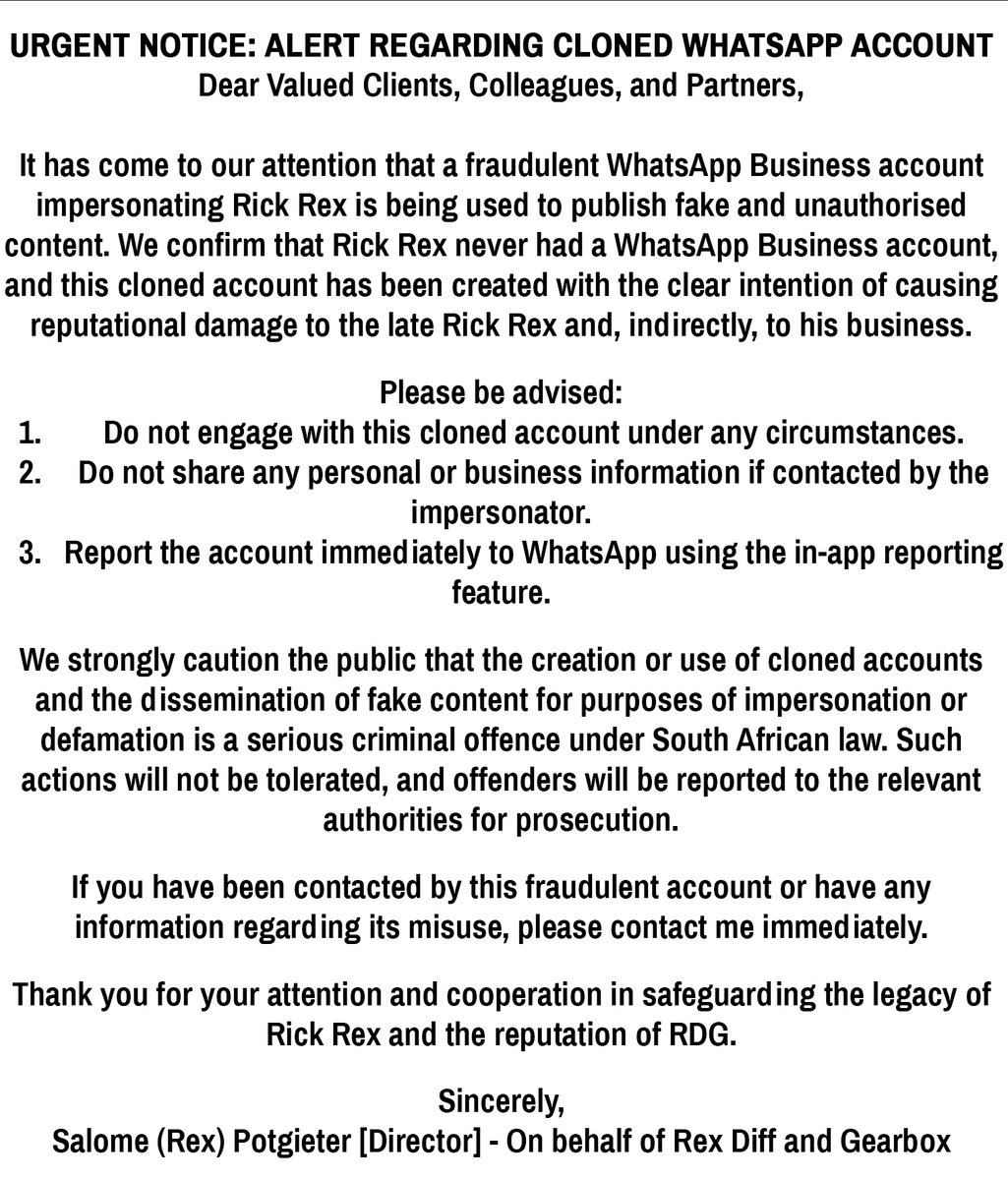 RexDiff's tweet image. Thank you for your attention and cooperation in safeguarding the legacy of Rick Rex and the reputation of RDG.

Sincerely,
Salome (Rex) Potgieter 
Director 
On behalf of RDG 
Gearbox &amp;amp; Diff Repairs