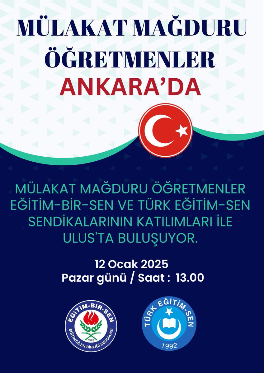 12 Ocak Pazar günü mülakat mağduru öğretmenler olarak Ulus'ta buluşuyoruz.

<a href="/RTErdogan/">Recep Tayyip Erdoğan</a> 
<a href="/Yusuf__Tekin/">Yusuf Tekin</a> 

#MağdurlarUlustaAtamaistiyor
