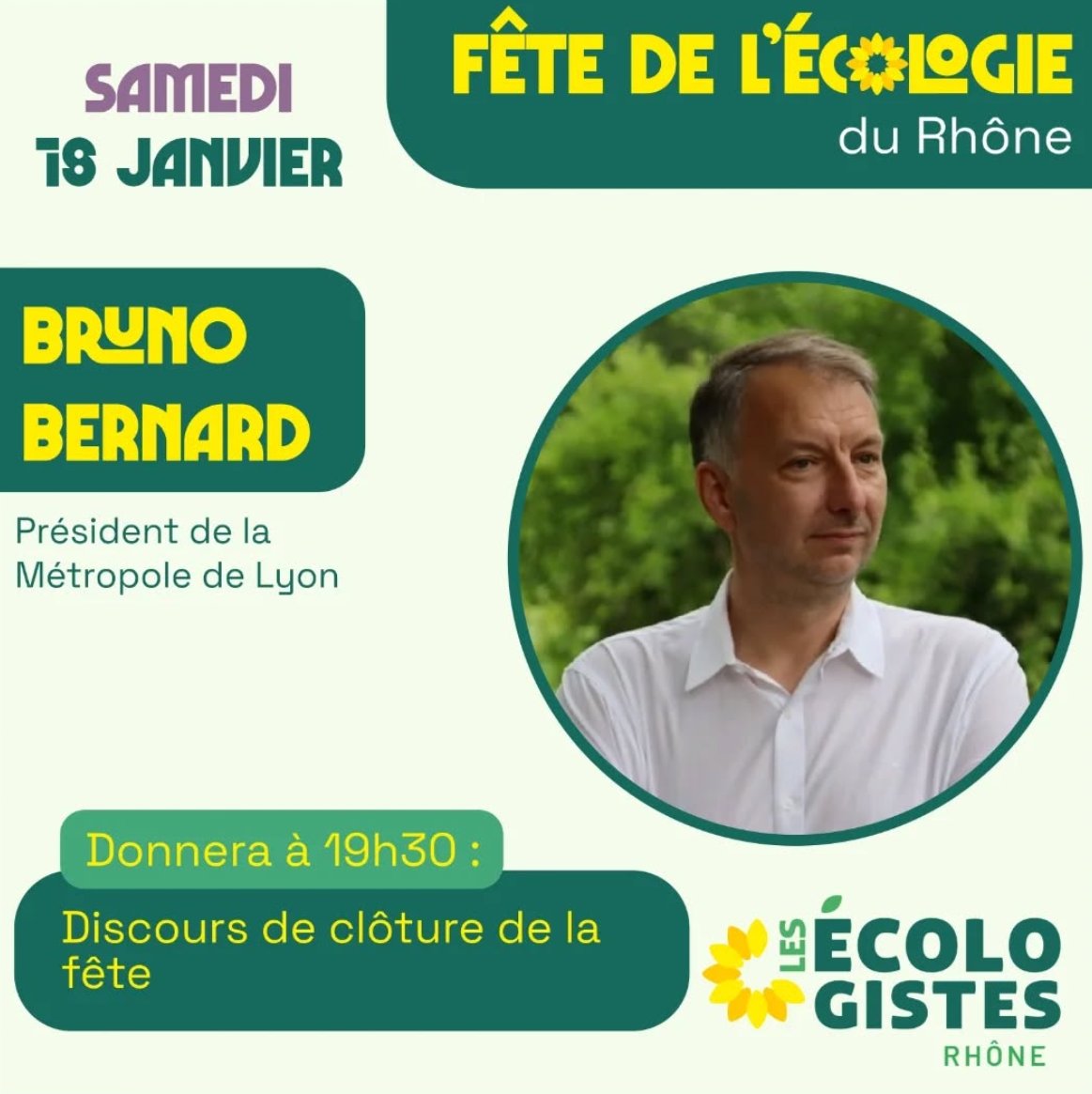 eelv_69100's tweet photo. On ne présente plus
@brunobernard_fr, président de la Métropole de Lyon et villeurbannais de presque toujours !  
Il nous fera le plaisir de clôturer la journée avec @marinetondelier et @cvansty 
Venez les rencontrer ! https://t.co/Gx0DDPC68J