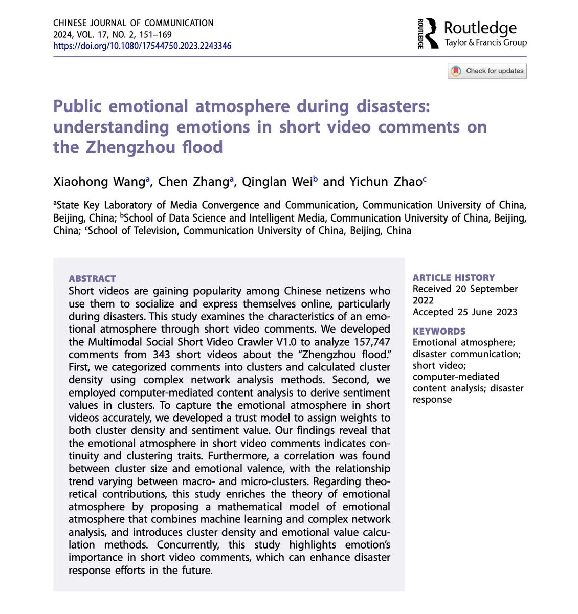 Wang et al. examine the characteristics of an emotional atmosphere through short video comments. A correlation was found between cluster size and emotional valence, with the relationship trend varying between macro- and micro-clusters.

Read here: doi.org/10.1080/175447…
