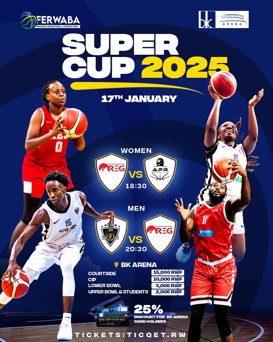 🏀 For the FIRST time ever, the Super Cup Tournament is HERE!

Save the date: 17th January 📅

<a href="/APRBBC_Official/">APR Basketball Club🏀🦁🇷🇼</a> , the RBL24 champs will take on <a href="/regbbcofficial/">REG BASKETBALL CLUB 🏀🇷🇼</a> , the RwandaCup  runners-up.🔥

On the women’s side, the RBL24 champions <a href="/regwomenbbc/">REG Women BBC Official</a> face off against <a href="/AprWomenbbc/">APR Women BBC official</a> the