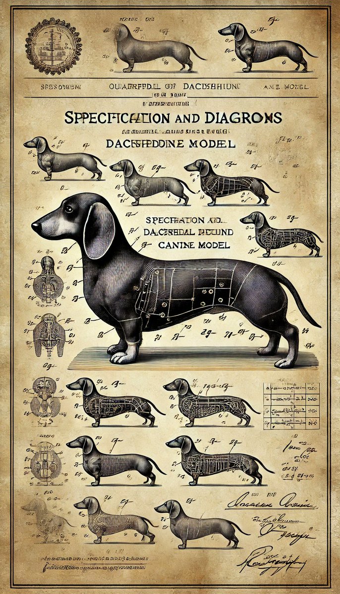 daichshunds's tweet photo. Today marks the 150th anniversary of Patent No. 143,156, filed on January 11, 1875:
'Specification and Diagrams for Quadrupedal Dachshund Canine Model No. 1'
#aiiFF #Dalle3 https://t.co/pZbgnPstJd