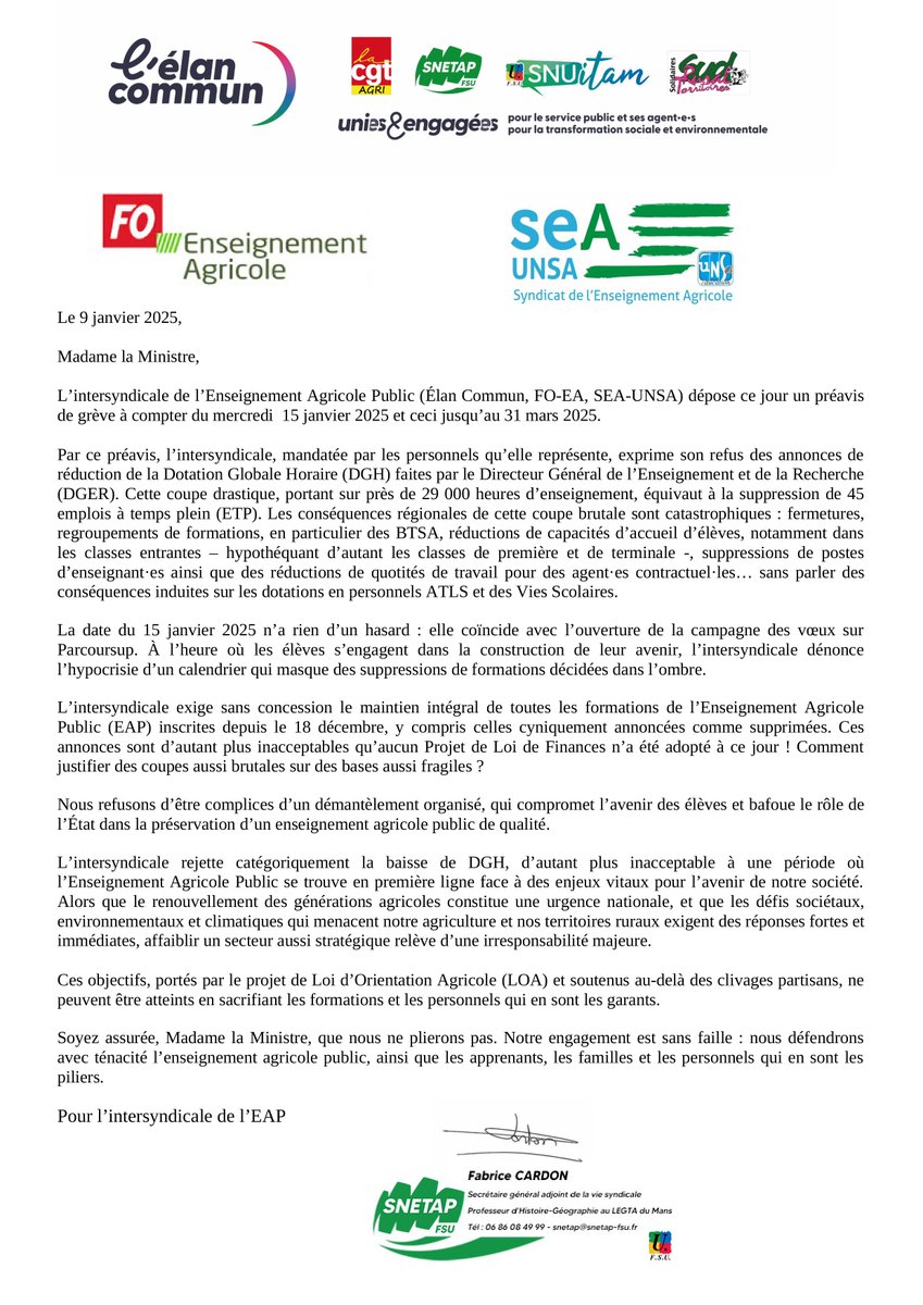 📢 Préavis #grève dans #EnseignementAgricolePublic du 15  janvier jusqu'au 31 mars 2025, l'intersyndicale <a href="/l_elan_commun/">L'ÉLAN COMMUN</a> <a href="/FOENSAGRI/">FO ENSEIGNEMENT AGRI</a>  @SEA_UNSA proteste contre la réduction de la Dotation Globale  Horaire. Cette coupe menace 45 emplois et impacte gravement les formations. 👇
