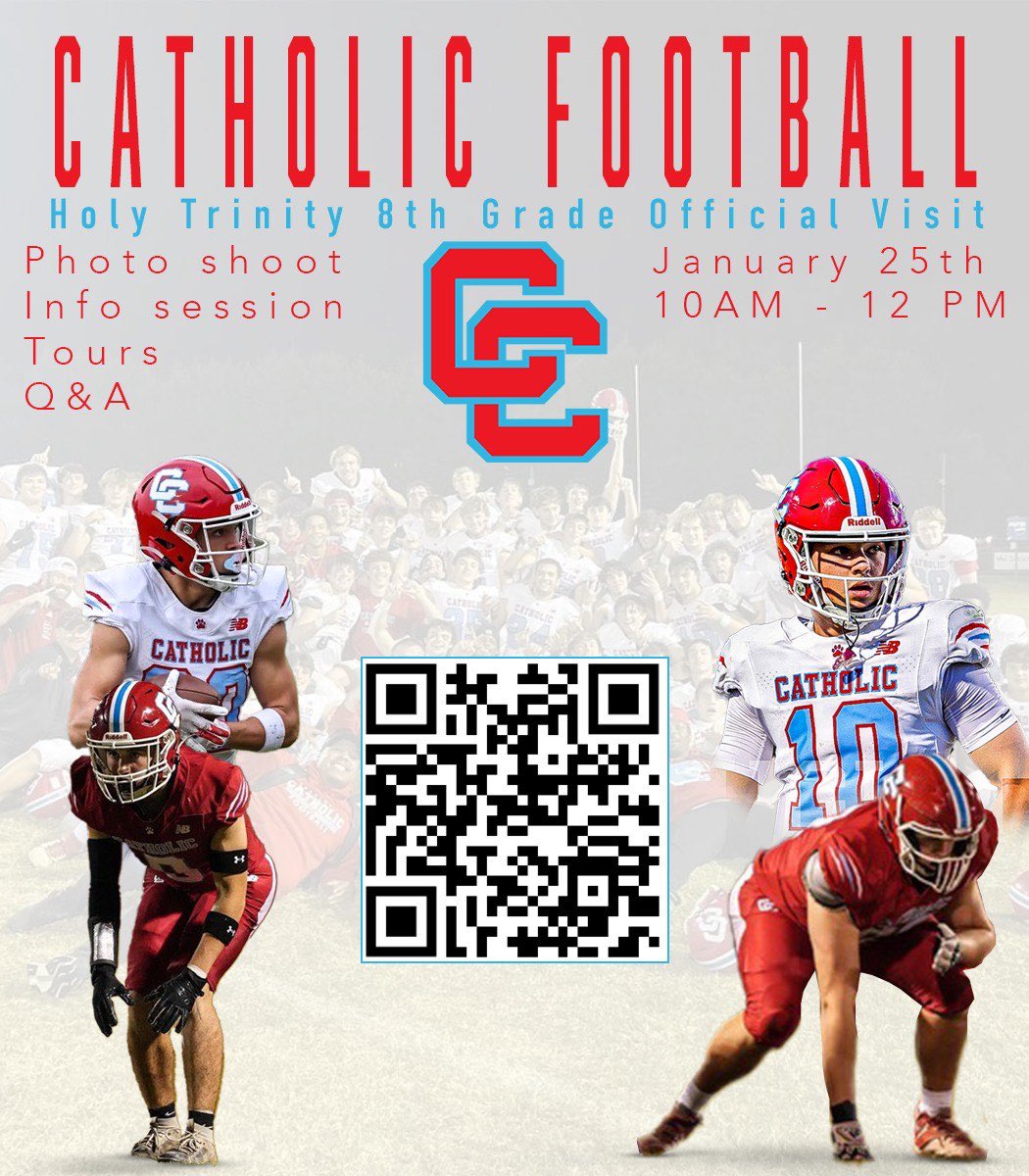 🚨🏈 2 weeks until our Holy Trinity 8th Grade official visit to Charlotte Catholic Football🏈🚨1/25/25 at 10 🏆CCHS Fine Arts Center 🪓use QR to register 🪓<a href="/HTCMSAthletics/">Holy Trinity Bulldog Athletics</a> <a href="/Catholic_FB/">CCHS Football</a> #OneBetter