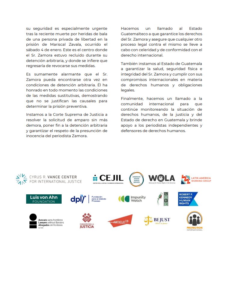 🚨 Importante comunicado de organizaciones internacionales pidiendo a la Corte Suprema de Justicia de Guatemala responda a la solicitud de amparo de José Rubén Zamora <a href="/ChepeZamora/">#ZamoraLibre #FreeJRZ</a>  para mantener su libertad.

#ZamoraLibre