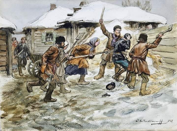 11 января 1919 — Совет народных комиссаров РСФСР принял декрет о введении продразвёрстки. 
Илл.: Иван Алексеевич Владимиров
(1869-1947), «Расправа крестьян с комиссаром из продотряда», 1921 г
#Россия
#история
#продразвёрстка