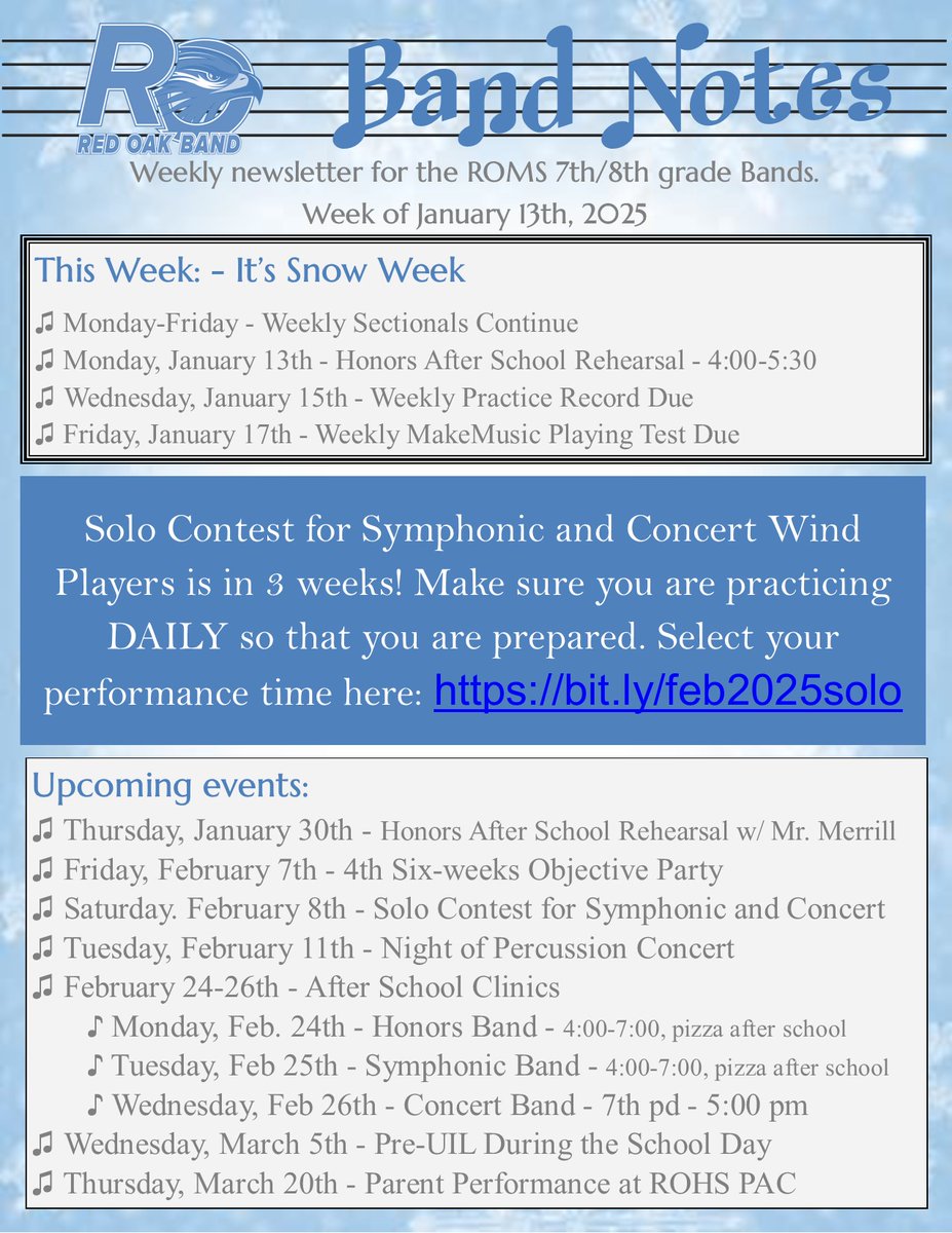 RedOakMSBand's tweet photo. One day wasn't enough last week! See below for this week's newsletters and all of the things coming up this semester. We can't wait to see you! https://t.co/ZJRRbWdvUf